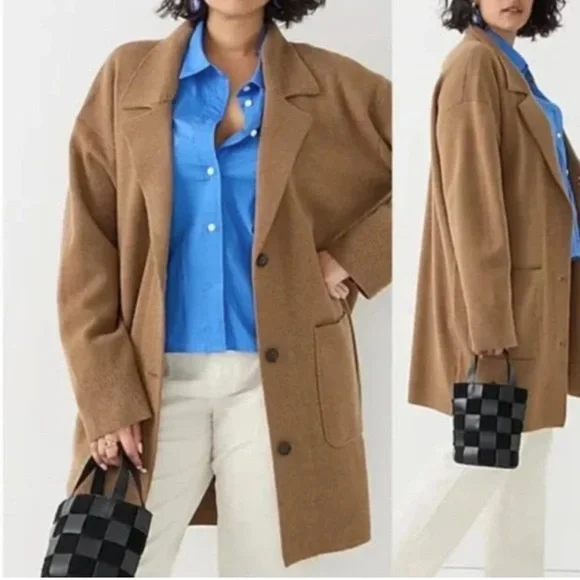 J Crew Camel Tan Oversized Wool Cotton Collared Sweater Jacket Size Medium - Picture 4 of 12